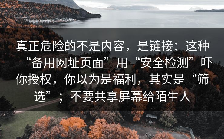真正危险的不是内容，是链接：这种“备用网址页面”用“安全检测”吓你授权，你以为是福利，其实是“筛选”；不要共享屏幕给陌生人