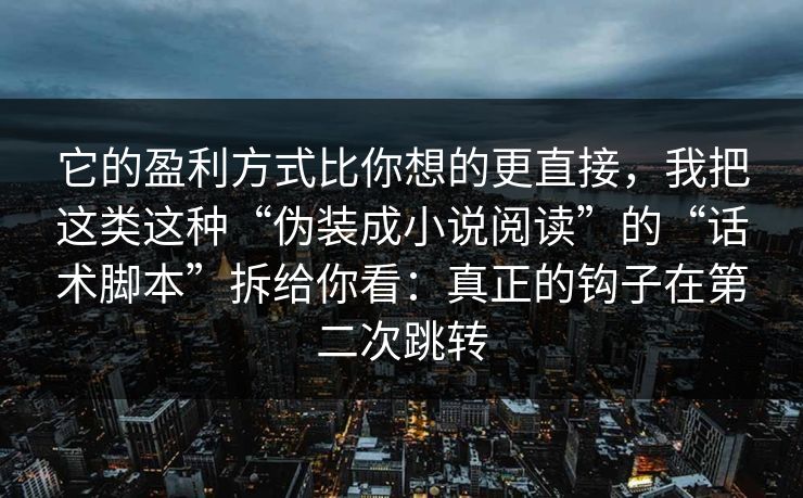 它的盈利方式比你想的更直接，我把这类这种“伪装成小说阅读”的“话术脚本”拆给你看：真正的钩子在第二次跳转